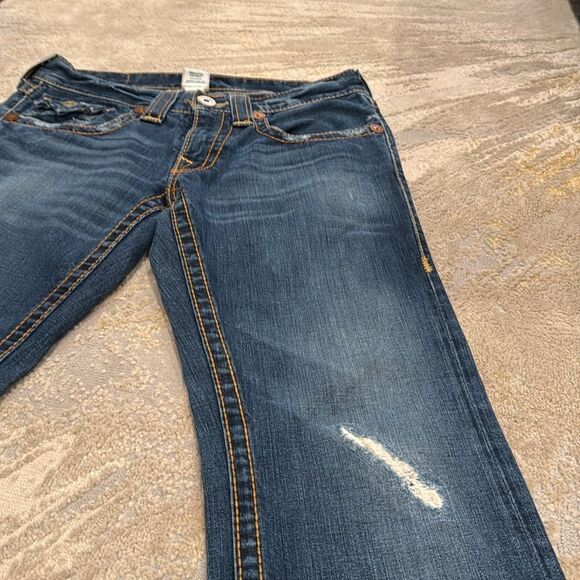 TRUE RELIGION Straight Leg Jeans 31x30 flap pockets distressed chunky stitching - Picture 2 of 10